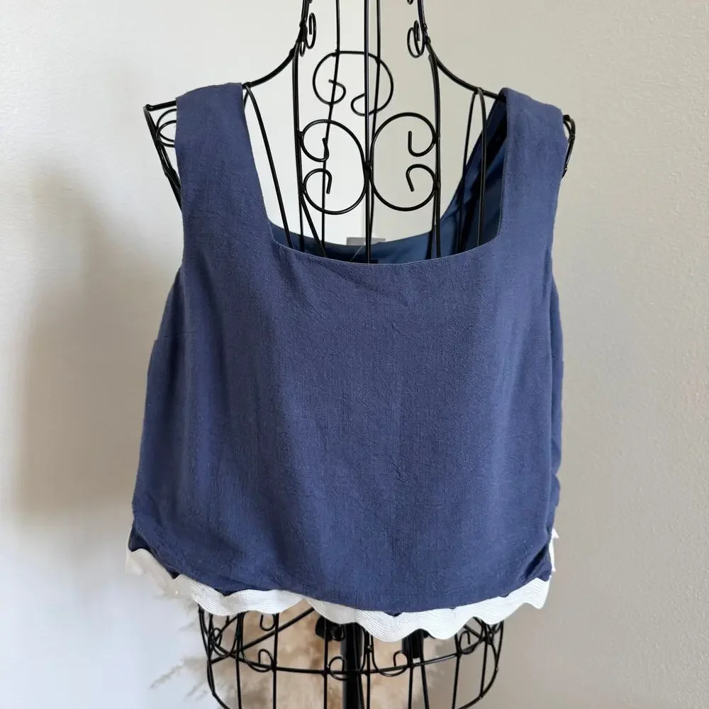 Fab'rik Scallop Hem Square Neck Linen Blend Tank Top NEW Size Medium - Picture 4 of 11